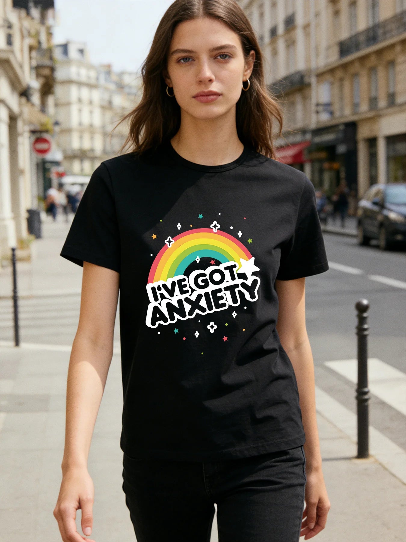 I've Got Anxiety Rainbow T Shirt Women Funny Mental Health Graphic Tee Spring Summer Round Neck Short Sleeve Casual Tops