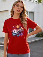 2026 Spring/Summer New Women's Round Neck Casual T-Shirt with Queen Letter Crown Print Top
