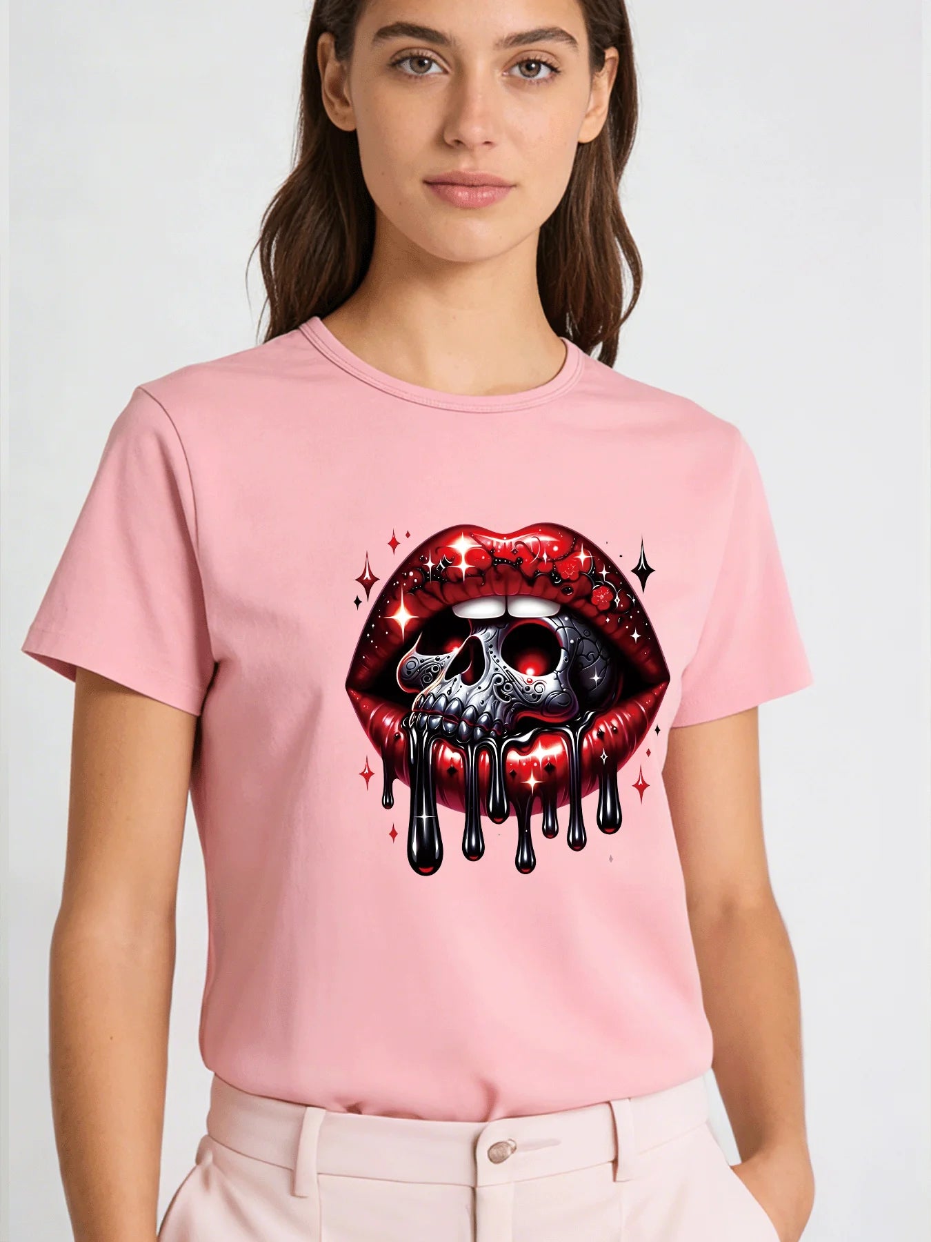 Skull Drip Lips T Shirt Women Gothic Red Lip Print Graphic Tee Casual Round Neck Short Sleeve Tops