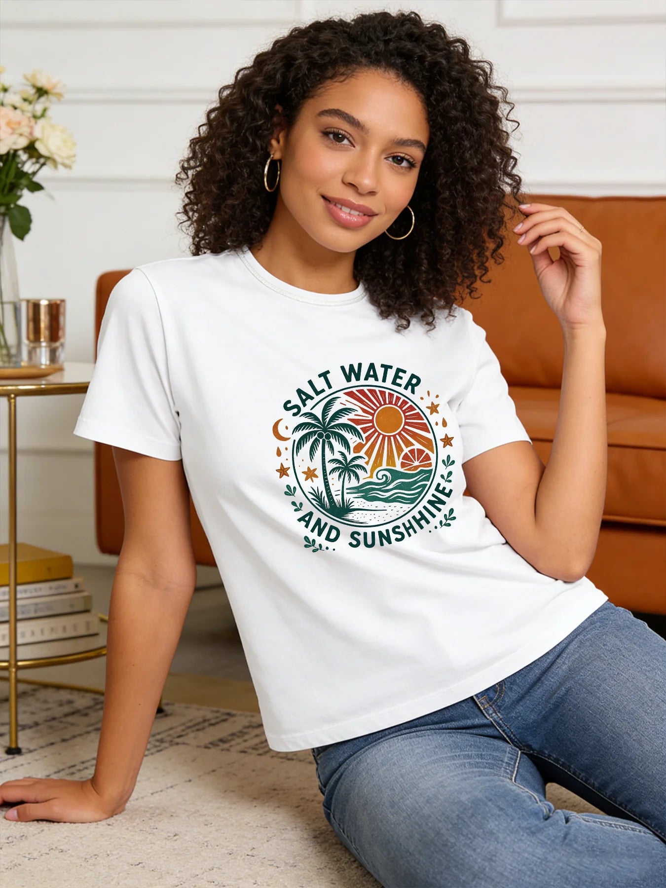 Salt Water and Sunshine T Shirt Women Summer Beach Graphic Tee Casual Round Neck Short Sleeve Tops