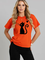 2026 Summer New Women's Round Neck Fashion Casual Loose Cat Print T-Shirt Short Sleeve Top Футболка Смешная