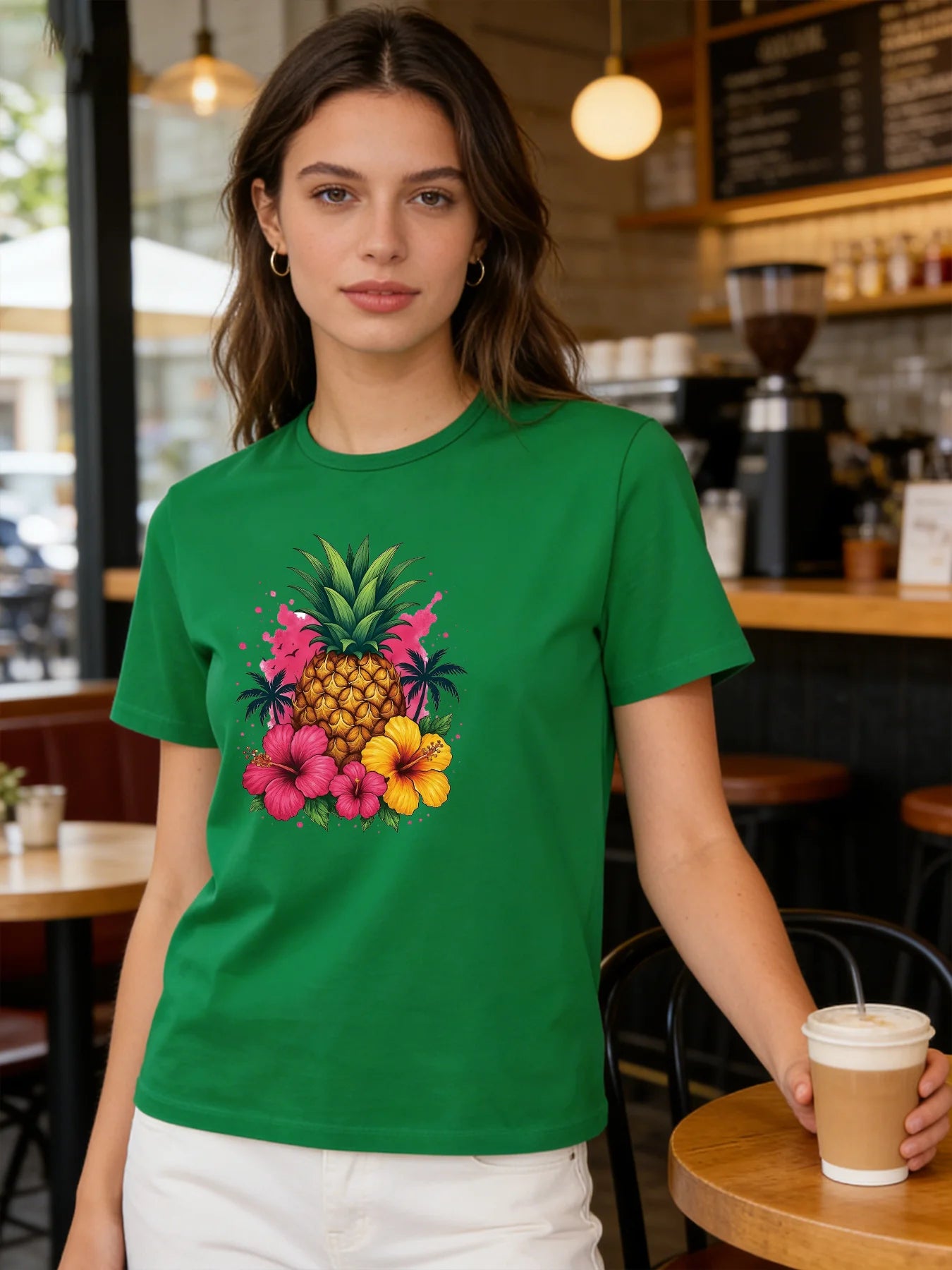 Pineapple Hibiscus T Shirt Women Tropical Summer Graphic Tee Casual Round Neck Short Sleeve Tops