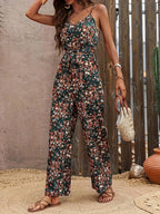 Women Floral Print Spaghetti Strap Jumpsuit - Casual Belted Wide Leg Romper