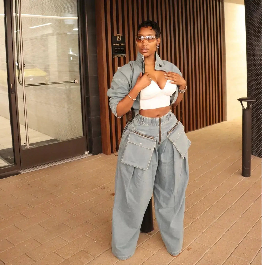 Women's Two-piece Suit Winter Fashion Retro Wide-leg Loose Heavy Denim Long-sleeved Top and Pants Two-piece Suit Women's Suit