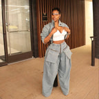 Women's Two-piece Suit Winter Fashion Retro Wide-leg Loose Heavy Denim Long-sleeved Top and Pants Two-piece Suit Women's Suit