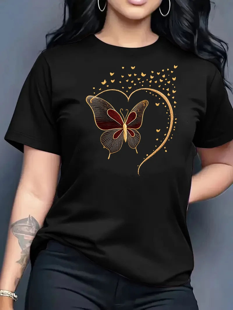 2026 Summer New Women's Round Neck Fashion Casual Loose Butterfly Print T-Shirt Short Sleeve Top Футболка Смешная