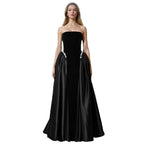 Luxury Strapless Black Velvet & Satin Ball Gown | Crystal-Embellished Waist Evening Dress