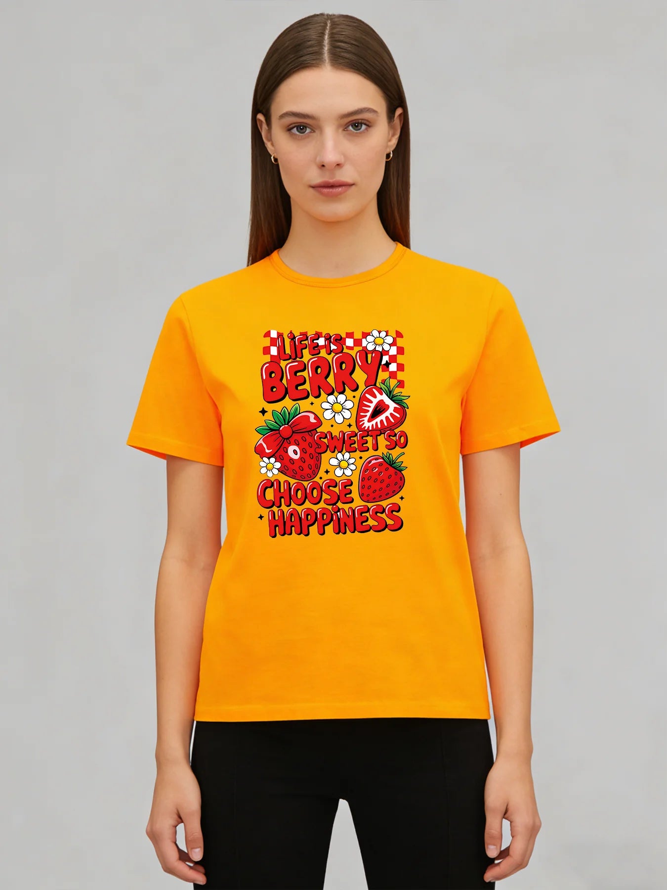 Life Is Berry Sweet So Choose Happiness T Shirt Women Strawberry Graphic Tee Casual Round Neck Short Sleeve Tops