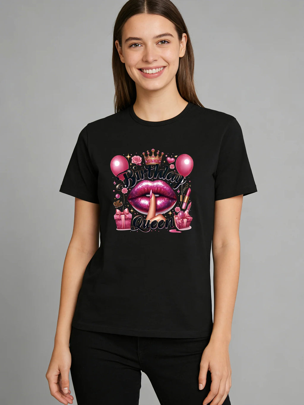 Birthday Queen T-shirt Women's Glittering Lip Pattern T-shirt 2026 Spring/Summer New Casual Round Neck Short Sleeve Top