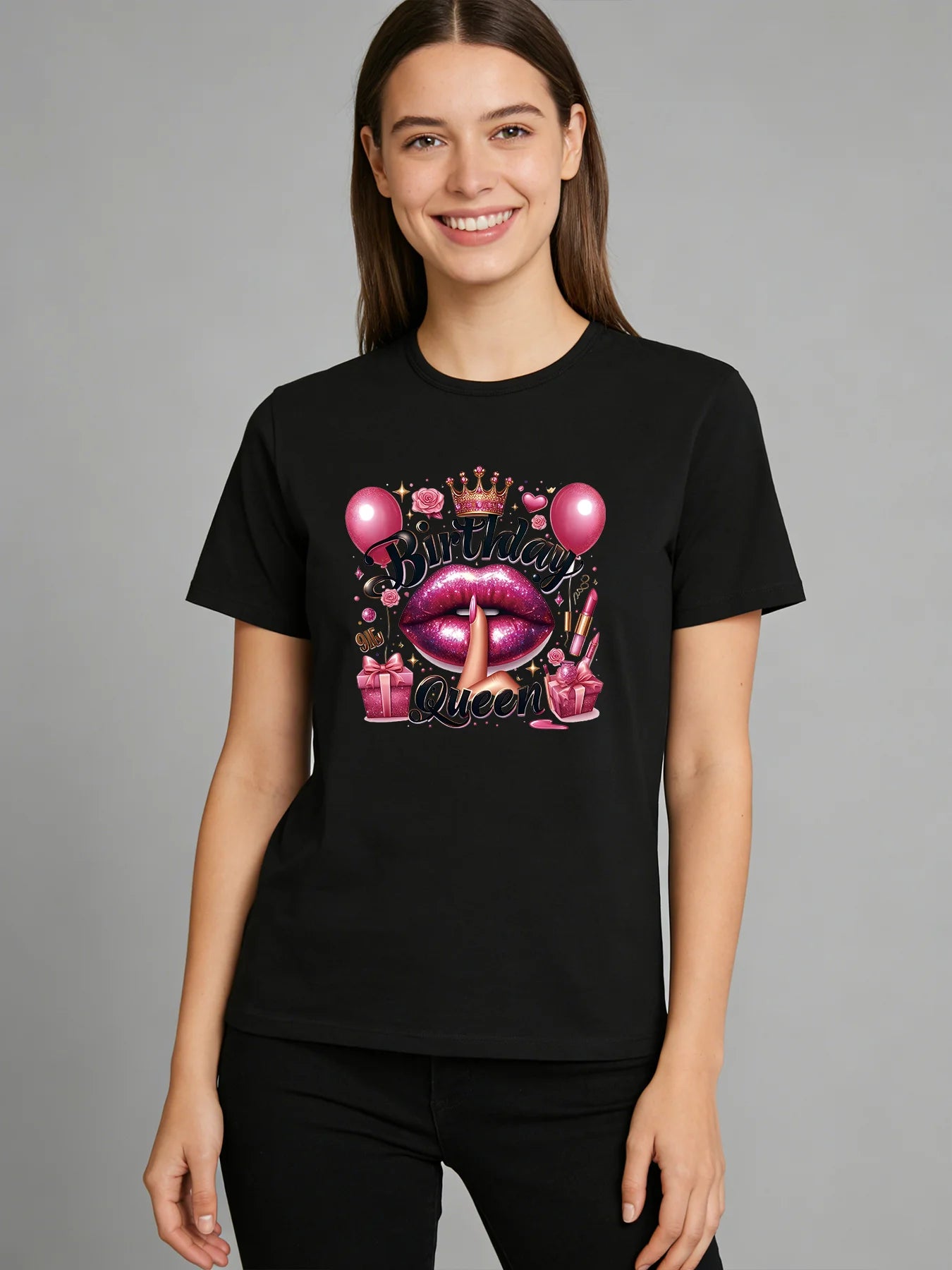 Birthday Queen T-shirt Women's Glittering Lip Pattern T-shirt 2026 Spring/Summer New Casual Round Neck Short Sleeve Top