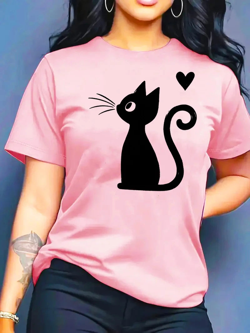 2026 Summer New Women's Round Neck Fashion Casual Loose Cat Print T-Shirt Short Sleeve Top Футболка Смешная