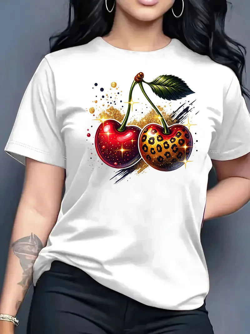 2026 Summer New Round Neck Top Fashion Casual Loose Apple Print Simple Versatile T-Shirt Women Clothes