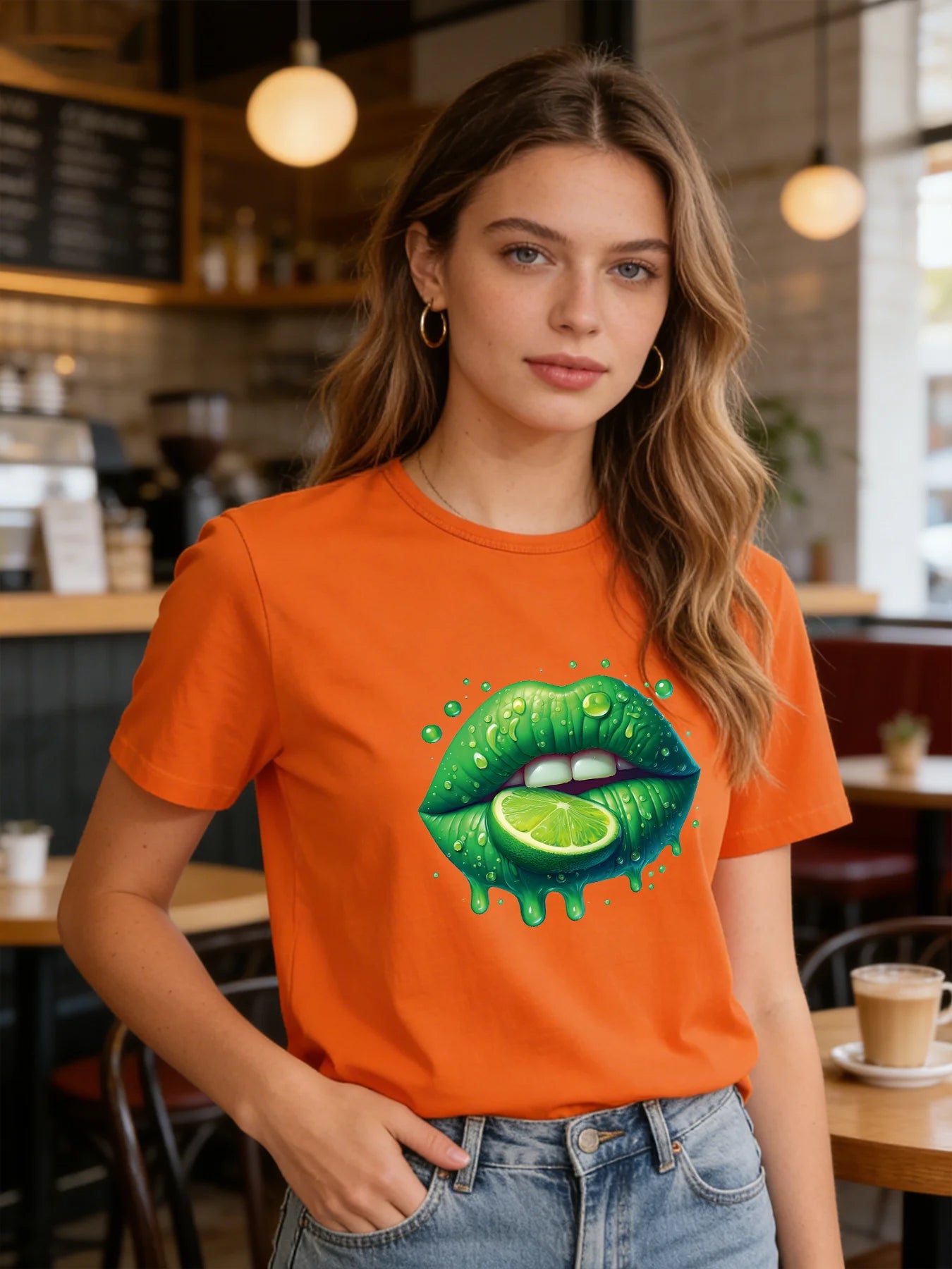 2026 Spring/Summer New Women's Lime Green Lips Pattern T-Shirt Cute Fruit Pattern T-Shirt Casual Round Neck Short Sleeve Top