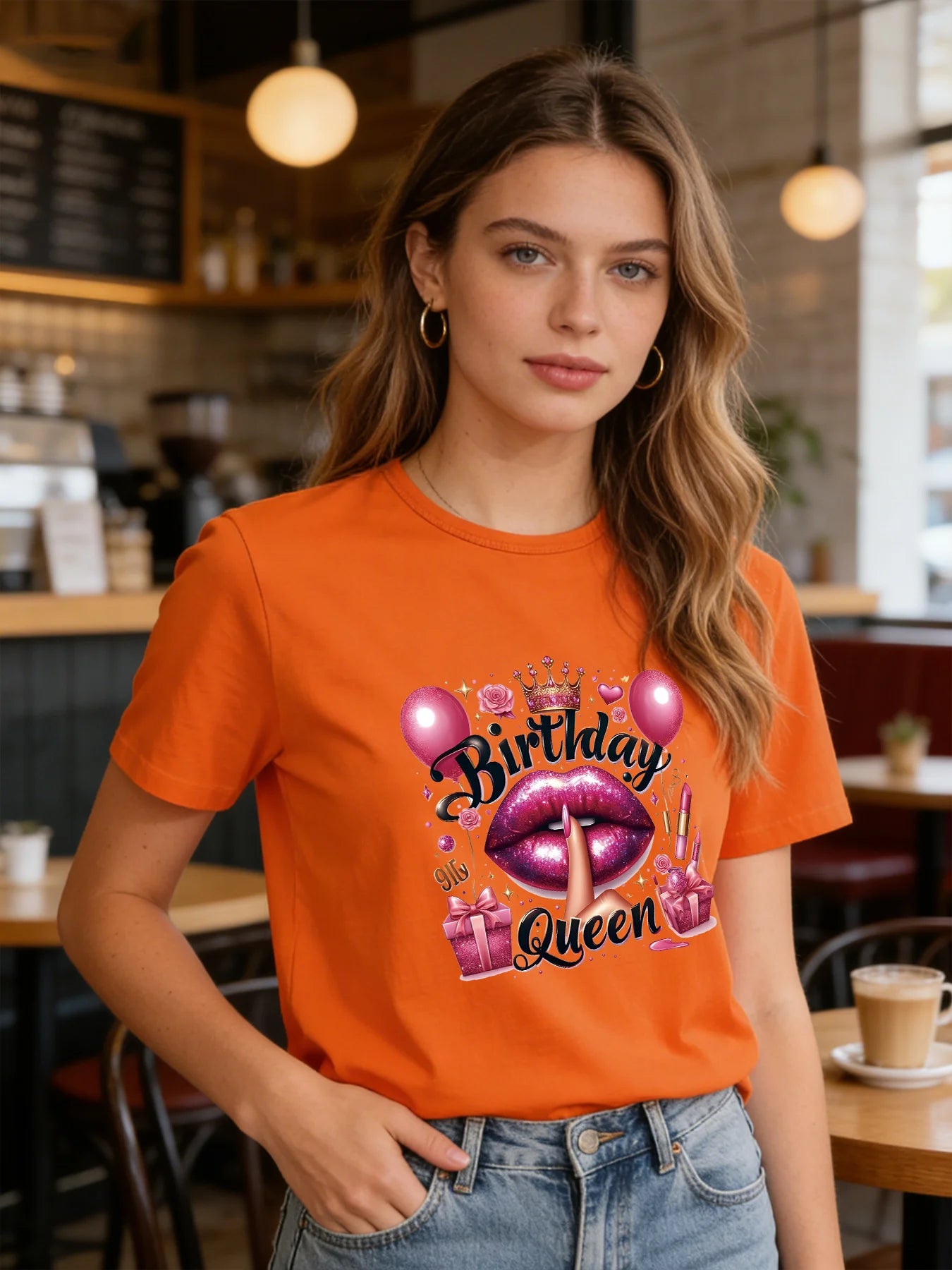 Birthday Queen T-shirt Women's Glittering Lip Pattern T-shirt 2026 Spring/Summer New Casual Round Neck Short Sleeve Top