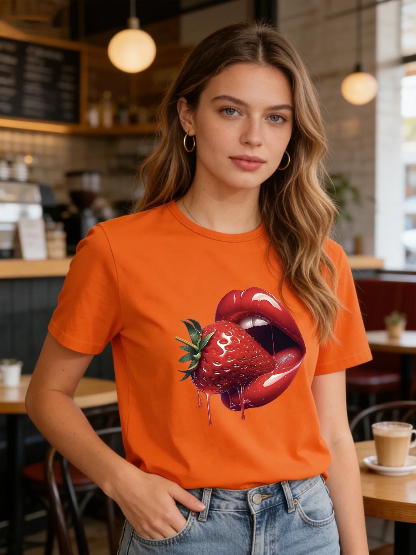 2026 Spring/Summer New Women's Strawberry Lip Print T-Shirt Red Glossy Lip Print Pattern T-Shirt Casual Short-Sleeve Top