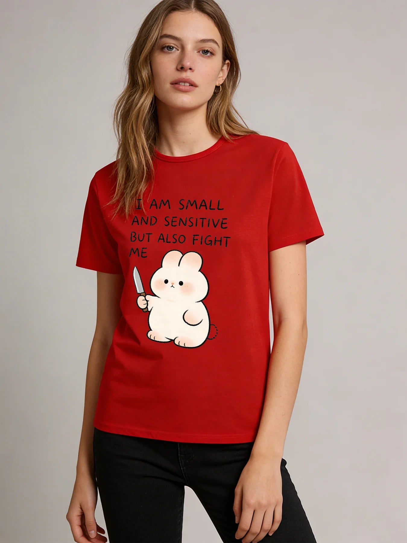 2026 Spring/Summer New Women's Fashionable Cute Cartoon Rabbit Print Round Neck T-Shirt Top