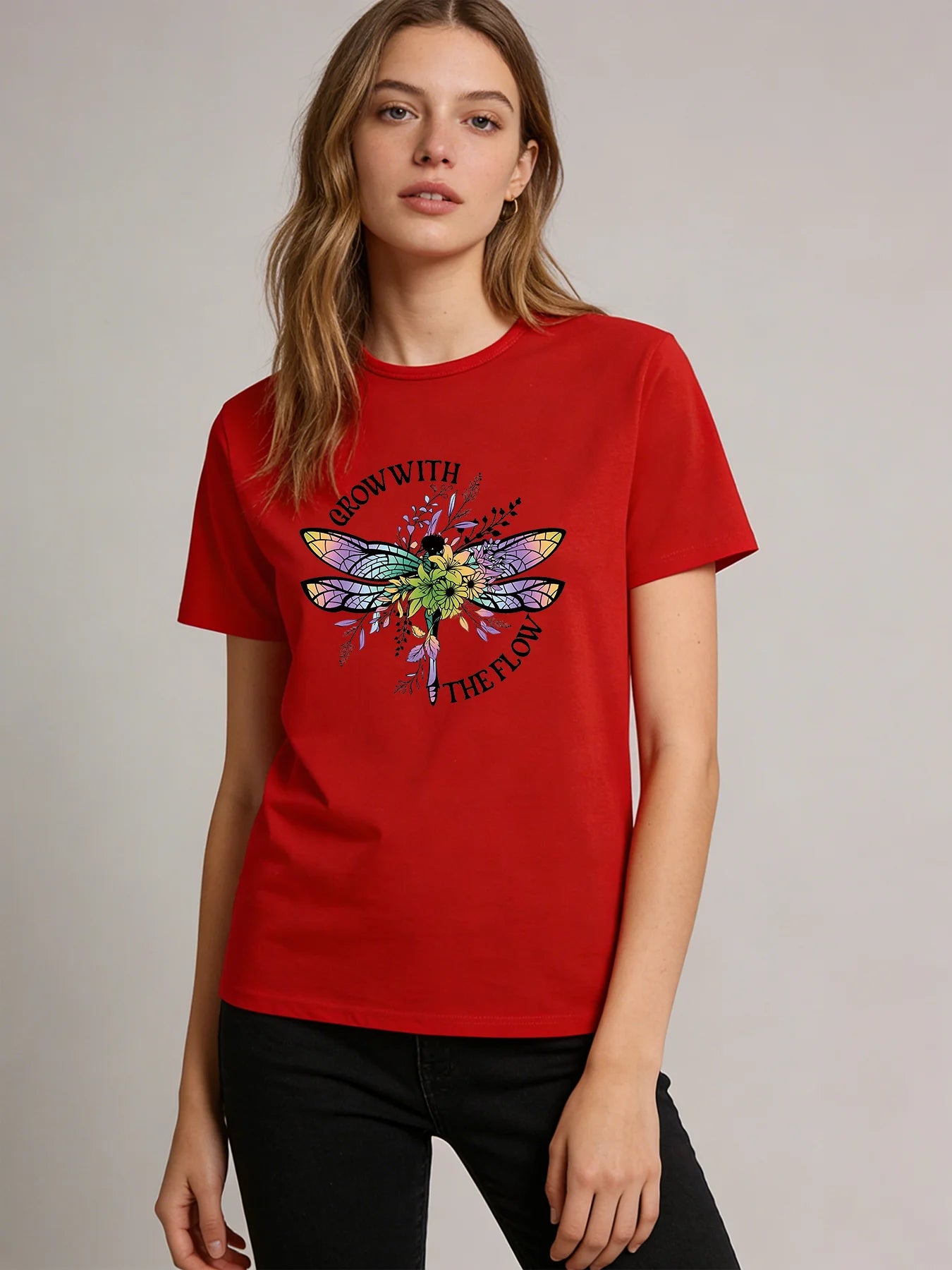 Grow with The Flow Dragonfly T Shirt Women Floral Inspirational Graphic Tee Casual Round Neck Short Sleeve Tops