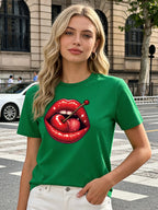 Red Cherry Lips T Shirt Women Cute Sweet Graphic Tee 2026 Spring Summer Round Neck Short Sleeve Tops