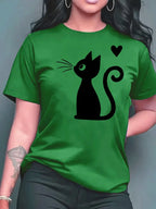 2026 Summer New Women's Round Neck Fashion Casual Loose Cat Print T-Shirt Short Sleeve Top Футболка Смешная