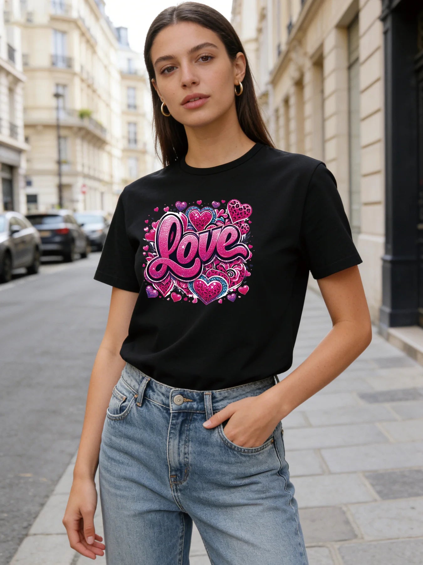 2026 Spring/Summer New Women's Heart Pattern T-Shirt, Pink Sequin Print, Casual Round Neck Short Sleeve Top