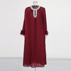 Luxury Women's Pleated Maxi Dress | Crystal Embellished Neckline & Feather Cuff Gown