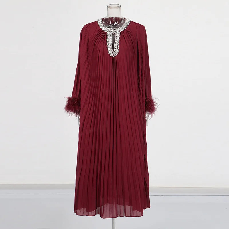 Luxury Women's Pleated Maxi Dress | Crystal Embellished Neckline & Feather Cuff Gown