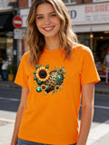 Leopard Heart Sunflower T Shirt Women Boho Floral Graphic Tee 2026 Spring Summer Round Neck Short Sleeve Tops