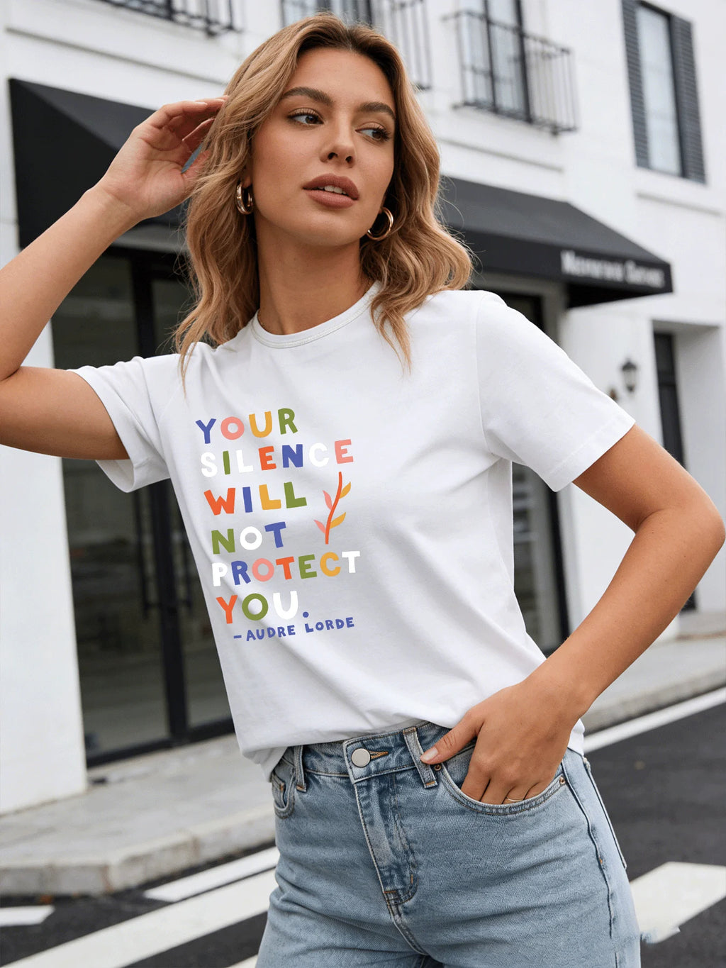 2026 Spring/Summer New Women's Fashionable Loose-fitting Simple Celebrity Quote Print T-shirt Short-sleeved Top