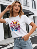 2026 Spring/Summer New Women's Round Neck Casual T-Shirt with Queen Letter Crown Print Top