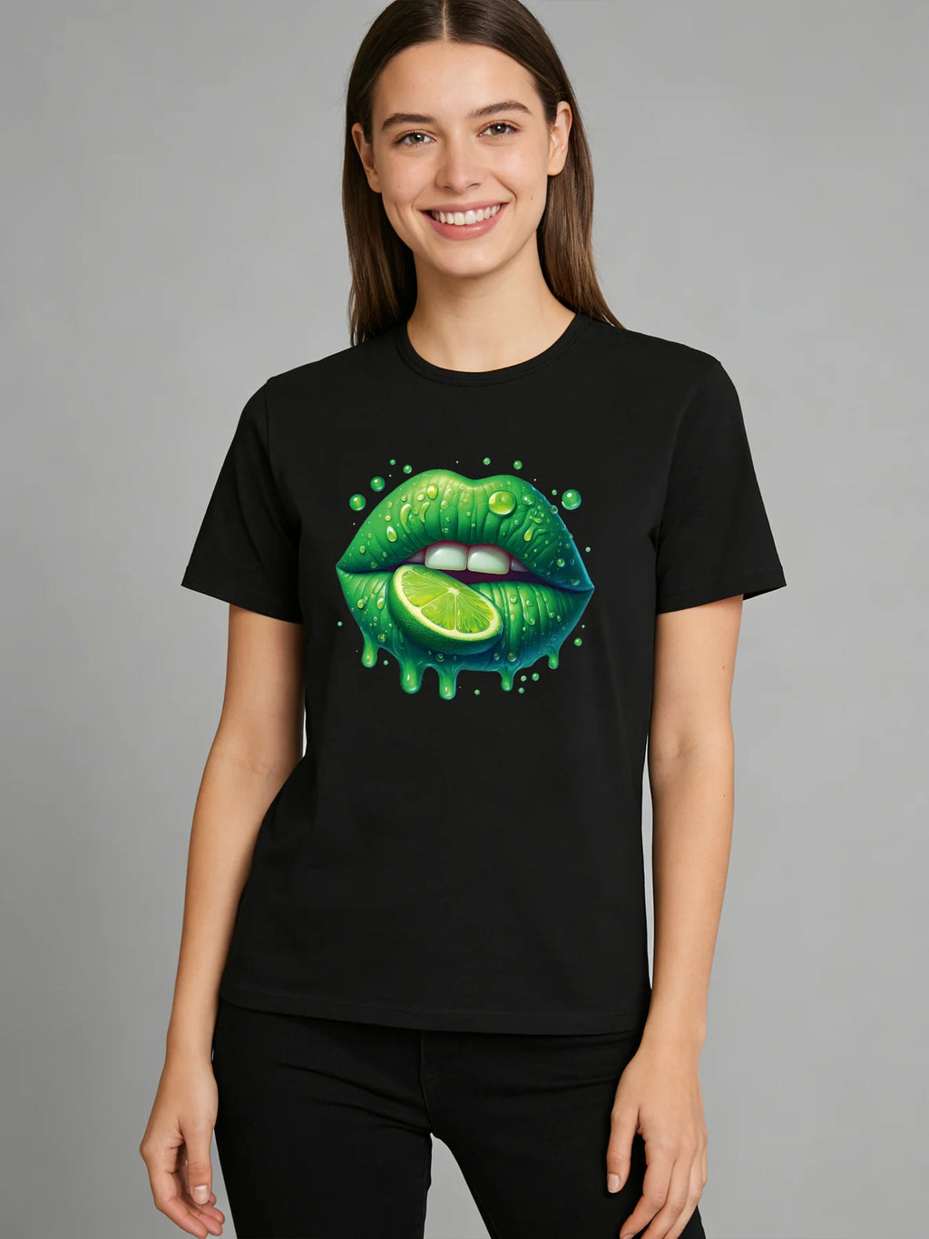 2026 Spring/Summer New Women's Lime Green Lips Pattern T-Shirt Cute Fruit Pattern T-Shirt Casual Round Neck Short Sleeve Top