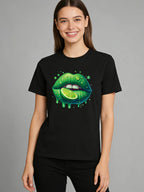 2026 Spring/Summer New Women's Lime Green Lips Pattern T-Shirt Cute Fruit Pattern T-Shirt Casual Round Neck Short Sleeve Top