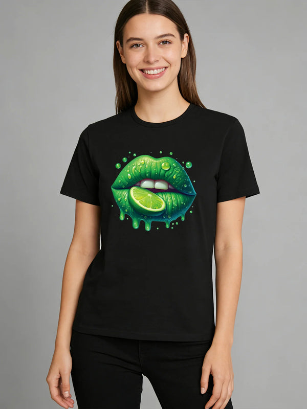 2026 Spring/Summer New Women's Lime Green Lips Pattern T-Shirt Cute Fruit Pattern T-Shirt Casual Round Neck Short Sleeve Top
