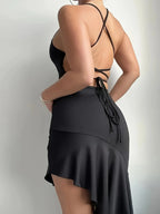 Sexy Black Spaghetti Strap Vacations Bodycon Dress Women's Elegant Asymmetric Ruffle Mermaid Hem Party Evening Club Mini Dresses
