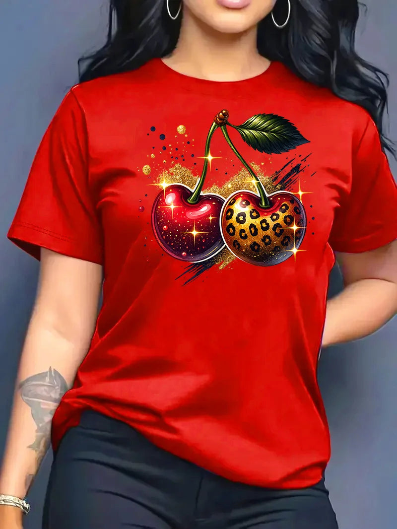 2026 Summer New Round Neck Top Fashion Casual Loose Apple Print Simple Versatile T-Shirt Women Clothes