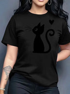 2026 Summer New Women's Round Neck Fashion Casual Loose Cat Print T-Shirt Short Sleeve Top Футболка Смешная