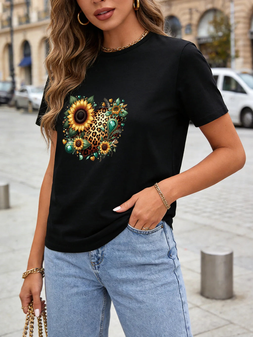 Leopard Heart Sunflower T Shirt Women Boho Floral Graphic Tee 2026 Spring Summer Round Neck Short Sleeve Tops