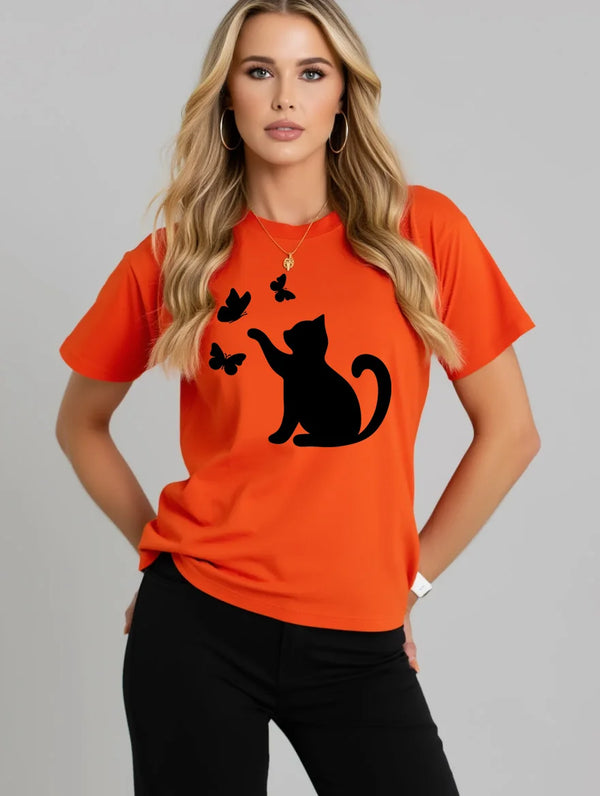 2026 Summer New Women's Round Neck Fashion Casual Loose Butterfly Floral Print T-Shirt Short Sleeve Top