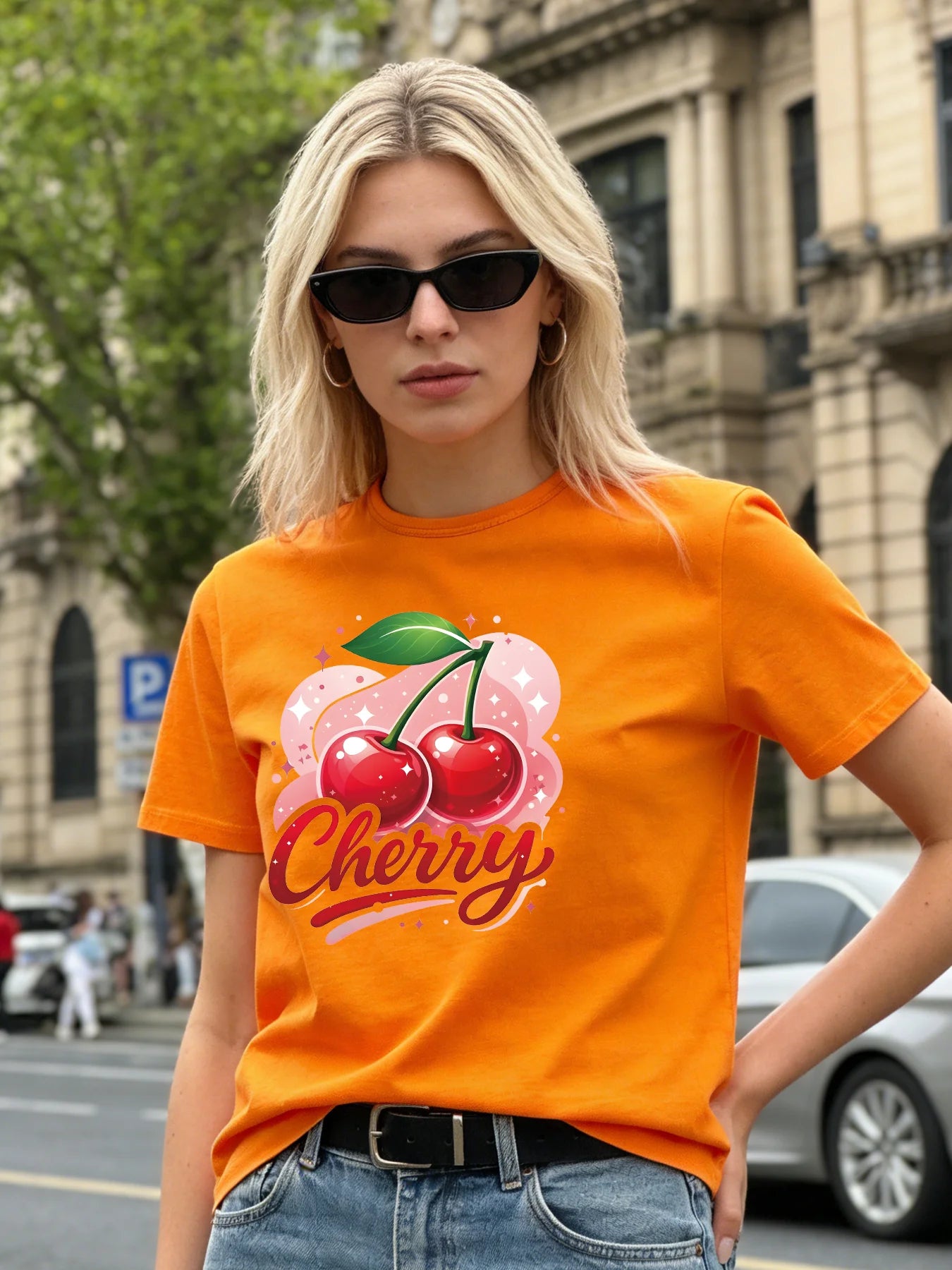2026 Spring/Summer New Women's Round Neck Fashion Casual Loose T-Shirt with Cherry Print Top