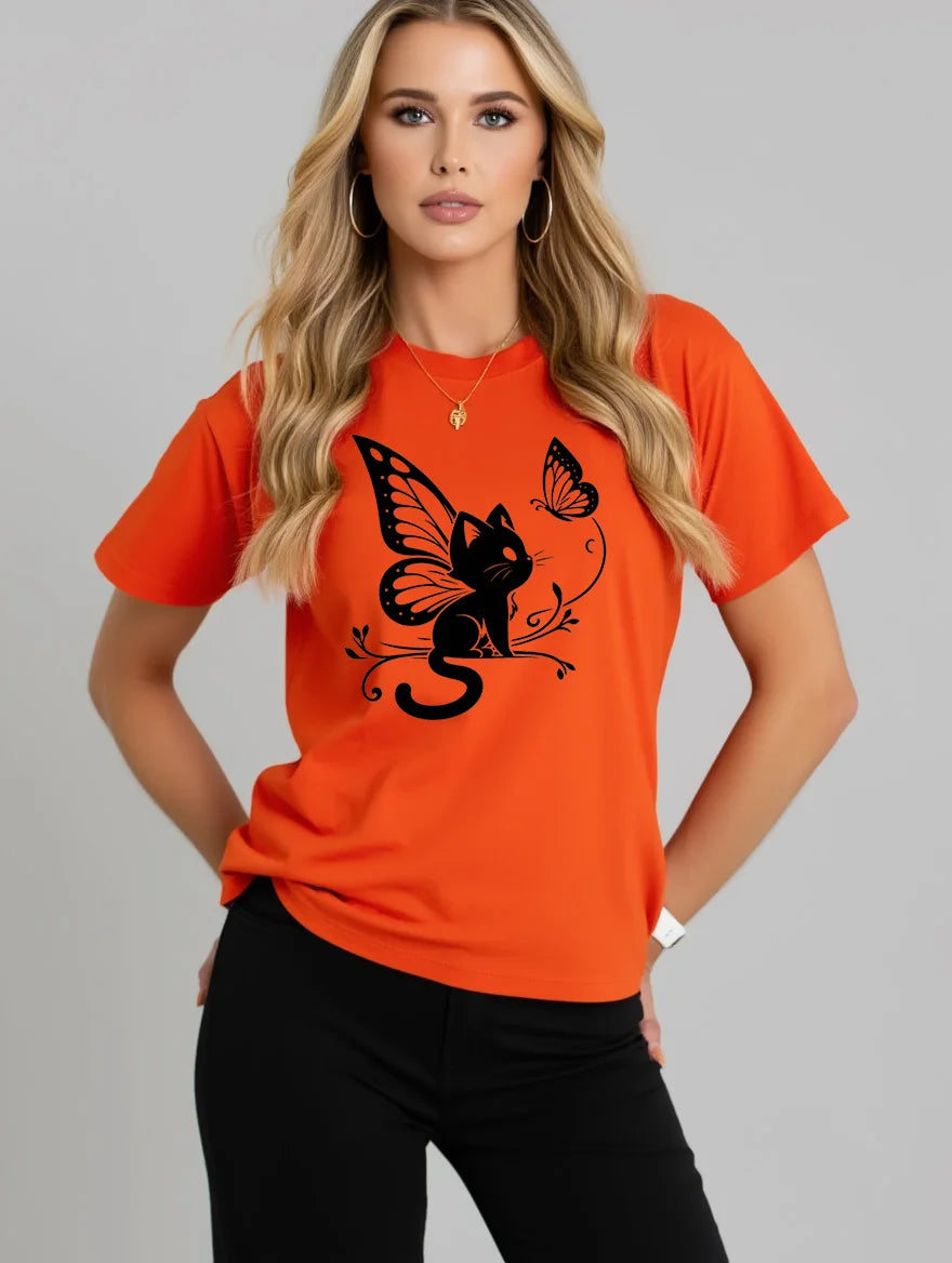 2026 Summer New Women's Round Neck Fashion Casual Loose Butterfly Cat Print T-Shirt Short Sleeve Top