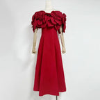 Tube Top Long Dress 2025 Early Spring New Three-Dimensional Flower Waist Slimming Celebrity Style Solid Color Dress