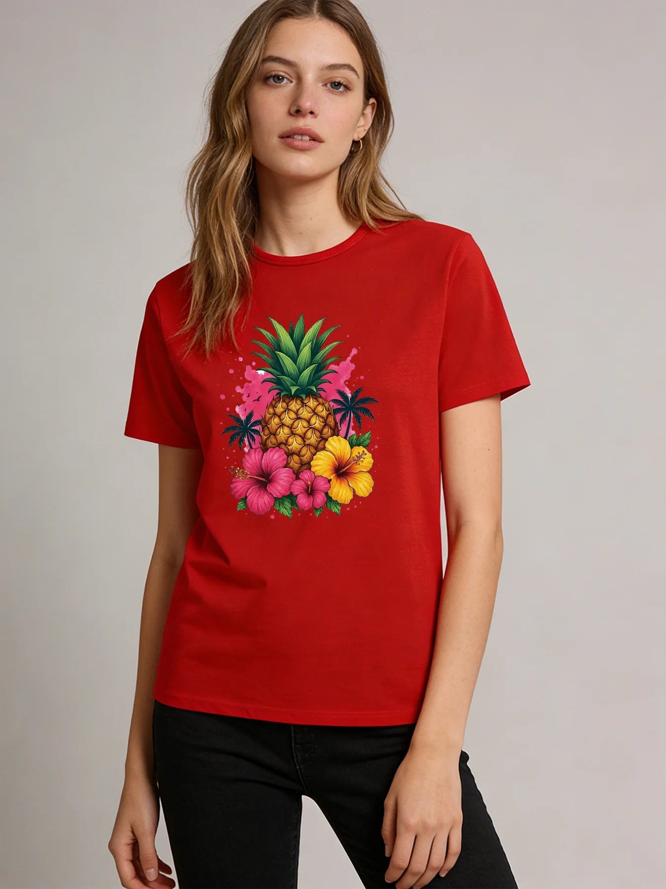 Pineapple Hibiscus T Shirt Women Tropical Summer Graphic Tee Casual Round Neck Short Sleeve Tops