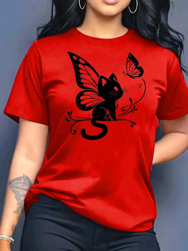 2026 Summer New Women's Round Neck Fashion Casual Loose Butterfly Cat Print T-Shirt Short Sleeve Top