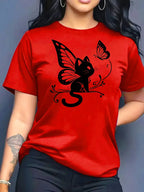 2026 Summer New Women's Round Neck Fashion Casual Loose Butterfly Cat Print T-Shirt Short Sleeve Top
