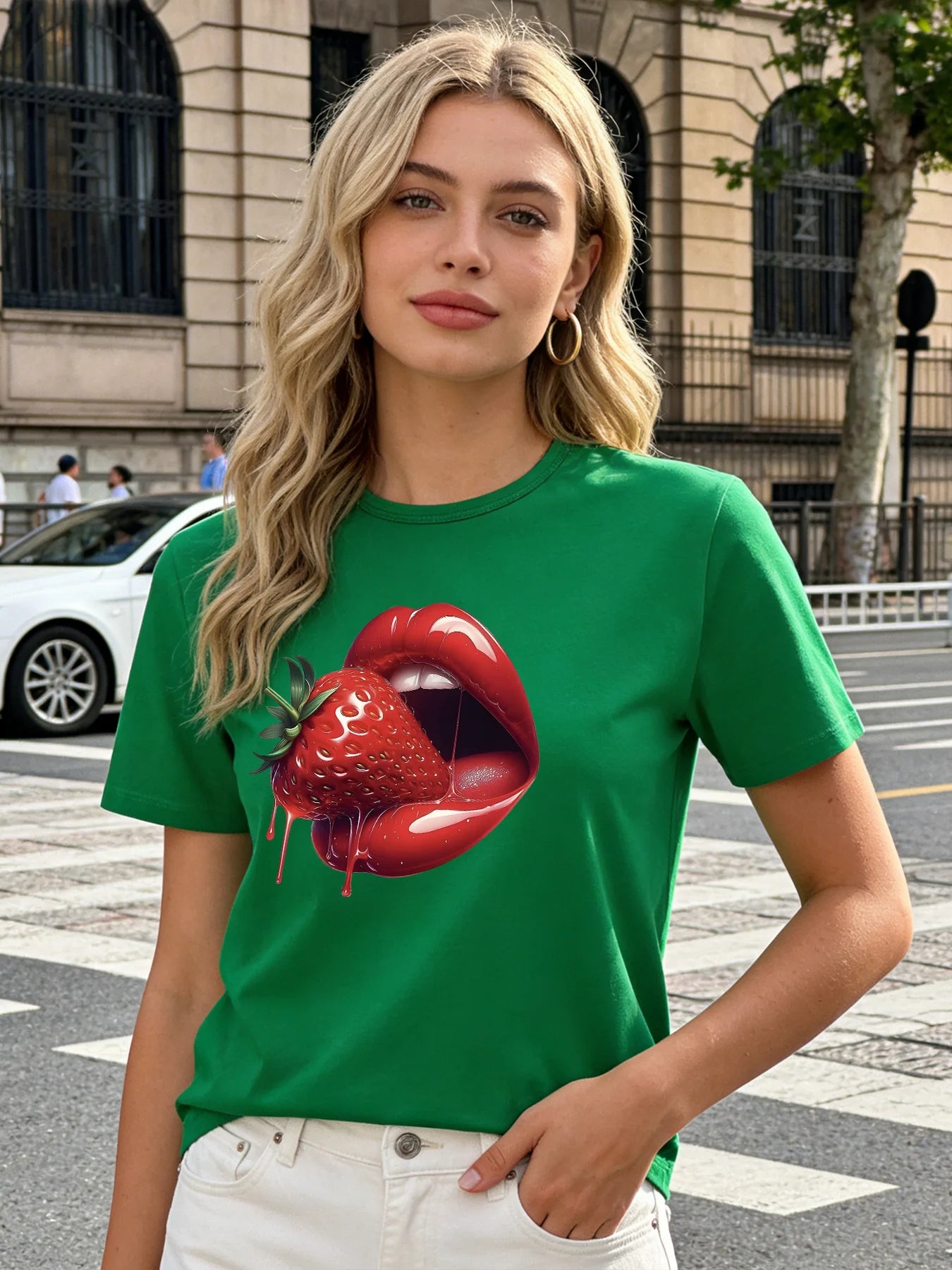 2026 Spring/Summer New Women's Strawberry Lip Print T-Shirt Red Glossy Lip Print Pattern T-Shirt Casual Short-Sleeve Top