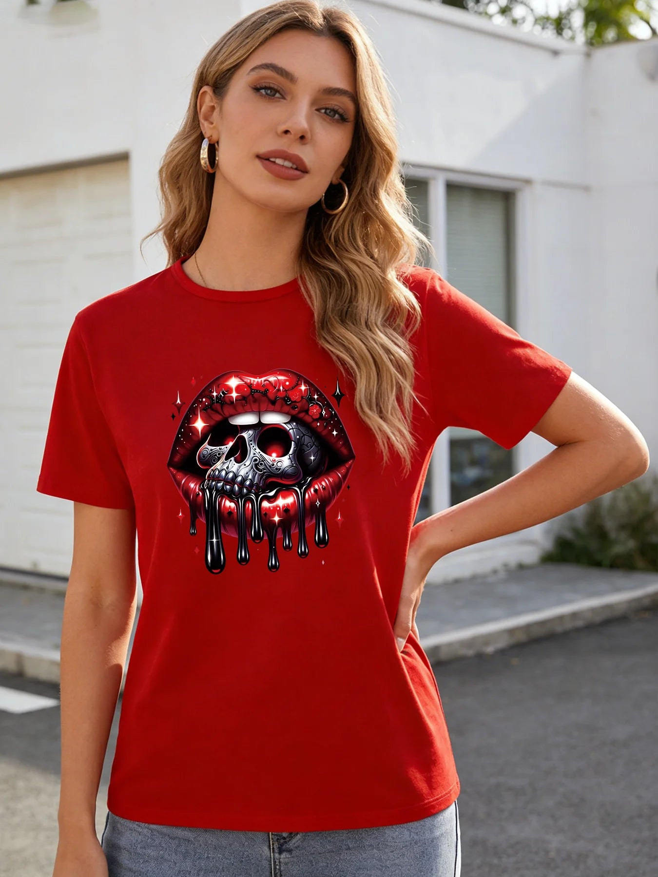 Skull Drip Lips T Shirt Women Gothic Red Lip Print Graphic Tee Casual Round Neck Short Sleeve Tops