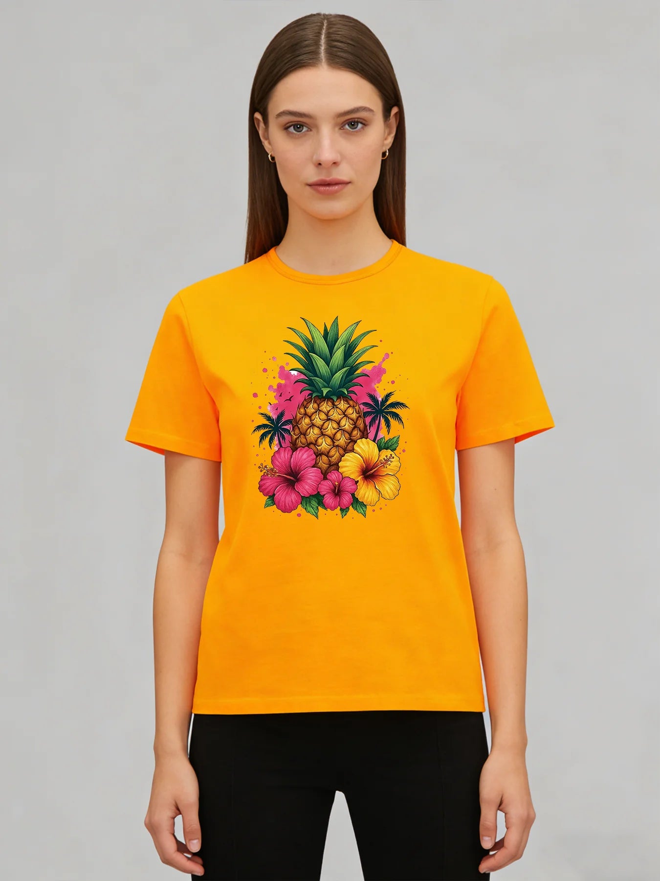 Pineapple Hibiscus T Shirt Women Tropical Summer Graphic Tee Casual Round Neck Short Sleeve Tops