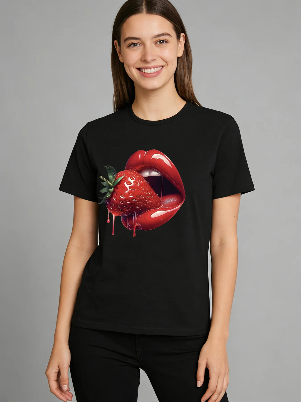 2026 Spring/Summer New Women's Strawberry Lip Print T-Shirt Red Glossy Lip Print Pattern T-Shirt Casual Short-Sleeve Top