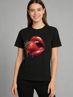 2026 Spring/Summer New Women's Strawberry Lip Print T-Shirt Red Glossy Lip Print Pattern T-Shirt Casual Short-Sleeve Top