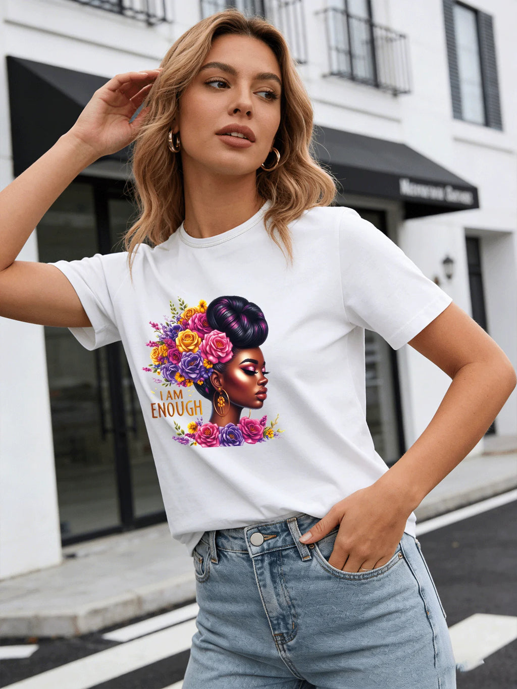 I Am Enough T Shirt Women Black Queen Floral Graphic Tee Casual Round Neck Short Sleeve Tops
