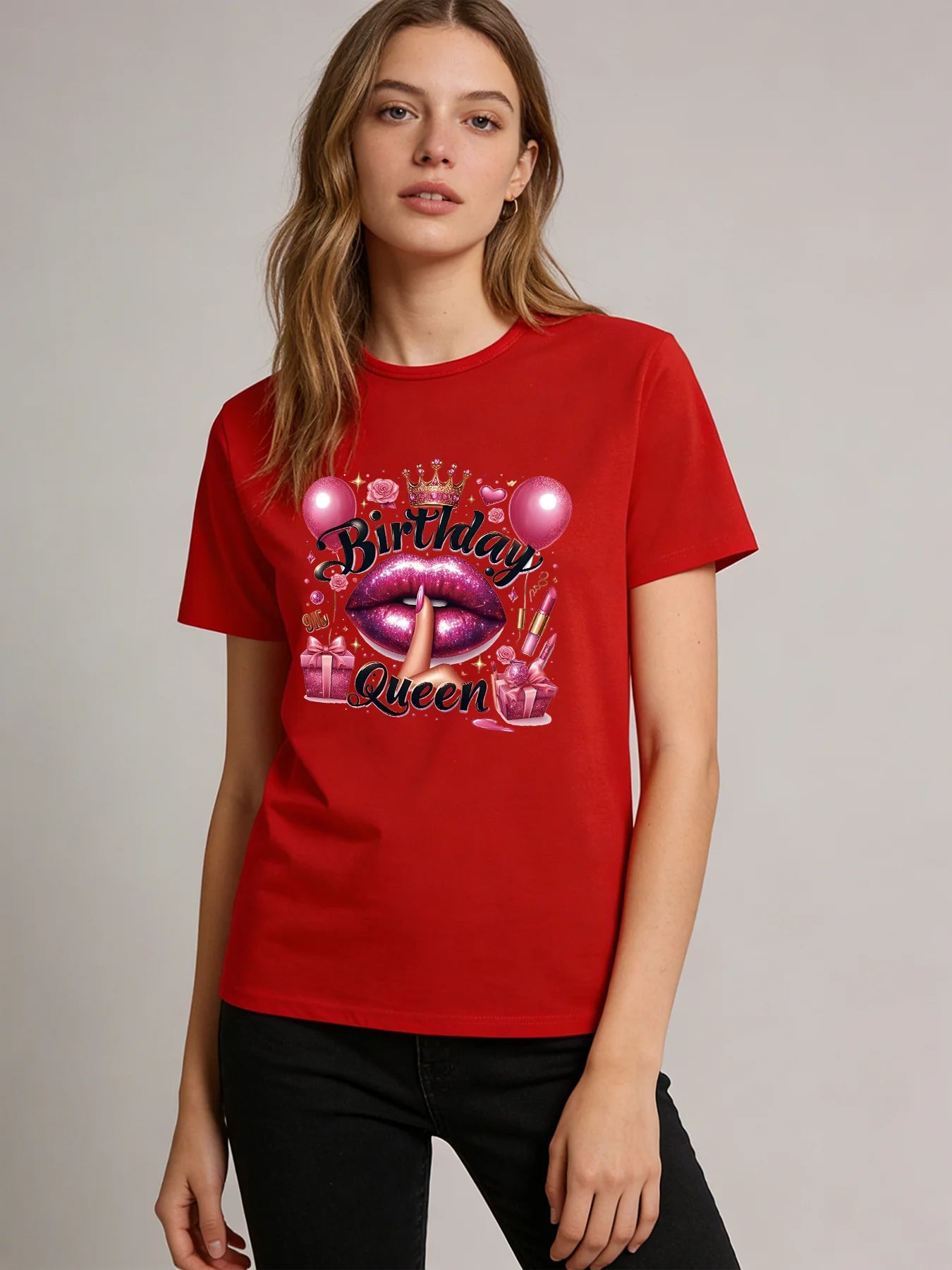 Birthday Queen T-shirt Women's Glittering Lip Pattern T-shirt 2026 Spring/Summer New Casual Round Neck Short Sleeve Top